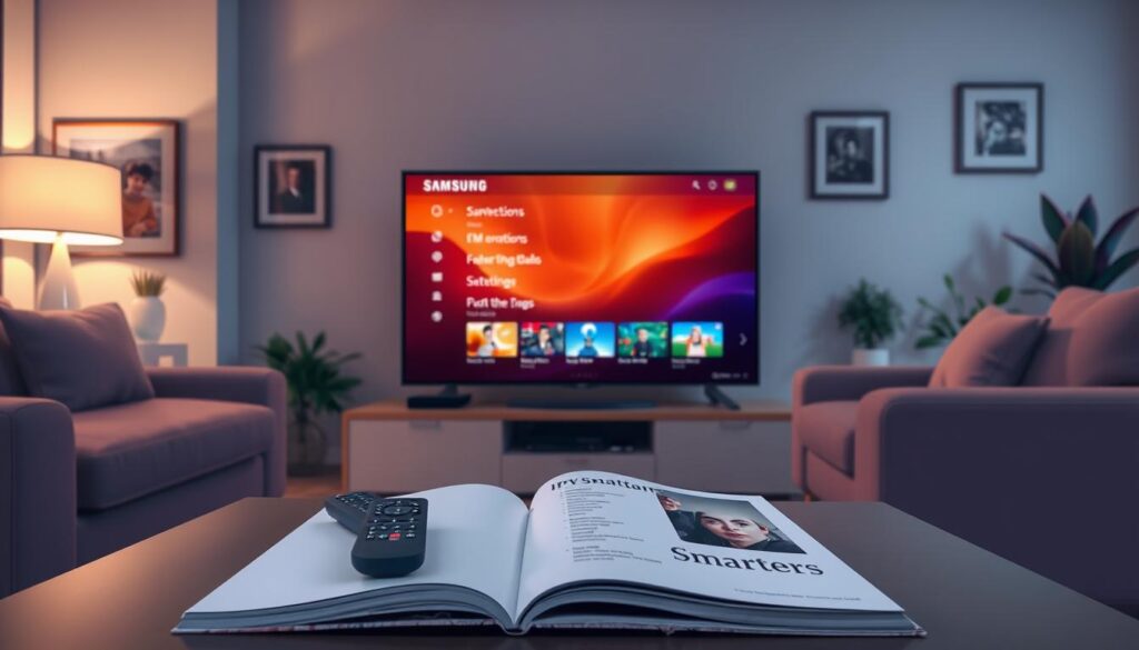 A modern living room setup featuring a sleek Samsung Smart TV displaying the IPTV Smarters Pro settings interface on the screen. In the foreground, a stylish coffee table with a remote control and an open guidebook about IPTV features lies next to a comfortable sofa. The middle-ground includes the TV, prominently showing vibrant graphics and customization options related to IPTV settings, illuminated by soft, warm lighting to create an inviting atmosphere. In the background, contemporary decor like framed art and potted plants enhances the homey feel. The scene captures a sense of technology integration into everyday life, evoking curiosity about IPTV capabilities. The image should be shot from a slight angle to provide depth, emphasizing the TV and its settings while maintaining a balanced composition.