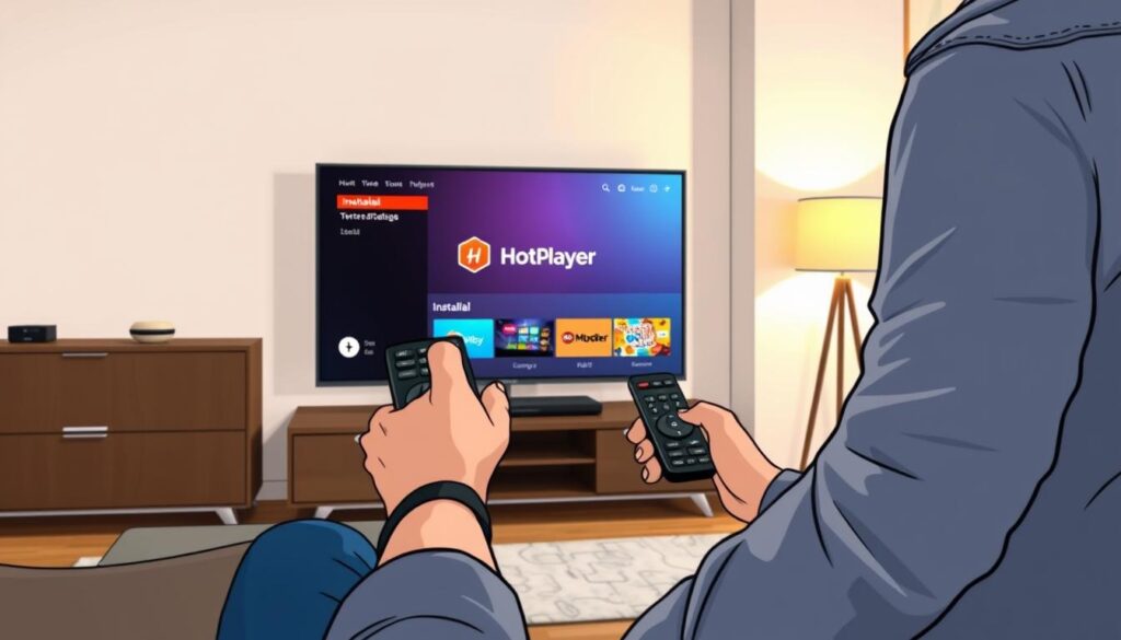 A modern living room showcasing a sleek Samsung Smart TV prominently displayed on a stylish media console. In the foreground, a user is seen interacting with the TV’s remote, dressed in casual, professional attire, demonstrating the installation process of the HotPlayer app. In the middle ground, the TV screen is vibrant, featuring the HotPlayer logo and an installation interface visible. The background features soft, warm lighting from a nearby lamp, adding a cozy atmosphere. The angle captures a close-up of the TV and the engaging app interface, while the room exudes a sense of comfort and technology. The overall mood is focused and inviting, emphasizing the ease of installation.