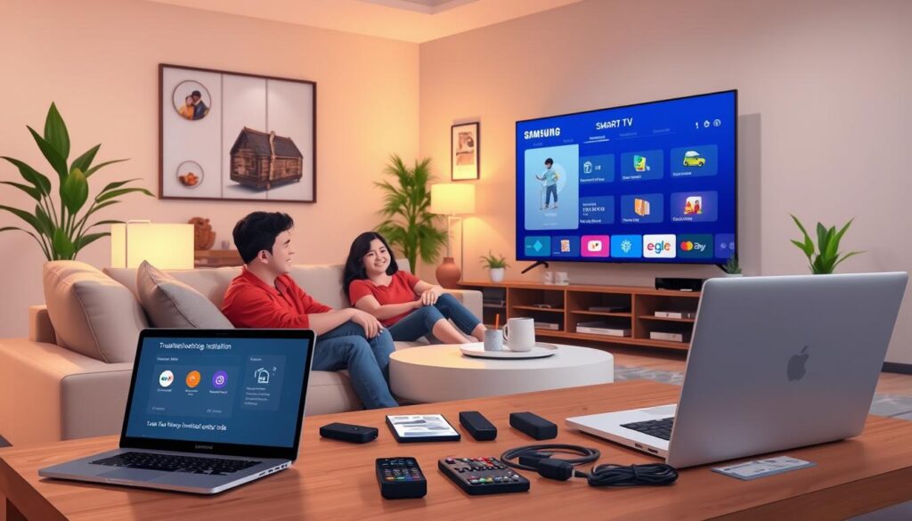 A modern living room with a Samsung Smart TV prominently displaying an IPTV menu, illustrating the setup and installation process. In the foreground, a family sitting together on a comfortable couch, with a laptop on the coffee table showing troubleshooting steps for IPTV installation. In the middle, a well-organized array of remote controls, cables, and a user-friendly installation guide spread out. The background features warm ambient lighting from soft lamps and a cozy atmosphere, with houseplants and family photos adding a personal touch. The composition should be bright and inviting, captured from a slightly elevated angle to showcase the interaction within the space, blending technology with familial warmth.