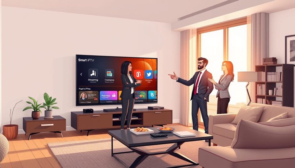 A modern living room with a sleek television displaying various Smart IPTV features such as a user-friendly interface, streaming options, and channel listings. In the foreground, a diverse group of three people, dressed in professional business attire, are engaged in a discussion while pointing at the screen. The middle ground features a stylish coffee table with a remote control and snacks. Soft, natural lighting from a large window casts a warm glow, enhancing the cozy atmosphere. The background includes tasteful decor, like a bookshelf filled with books and modern art on the walls. The image captures a sense of innovation and collaboration, showcasing the excitement around Smart IPTV technology.