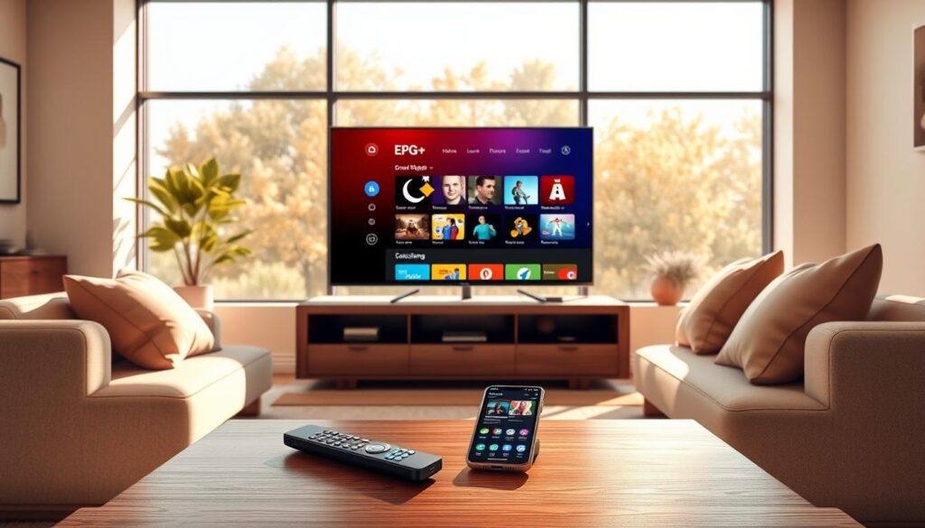 A modern, sleek living room featuring a Samsung Smart TV displaying a vibrant Electronic Program Guide (EPG) interface on the screen. In the foreground, a coffee table holds a remote control and a smartphone showcasing a relevant app interface. The middle ground includes a comfortable sofa with soft throw pillows in neutral tones, inviting a cozy viewing experience. In the background, large windows allow natural light to stream in, casting soft shadows and creating a warm atmosphere. The color palette is harmonious, with earthy tones and subtle contrasts. The scene captures a sense of technology and home comfort, emphasizing an easy-to-navigate EPG for IPTV setup. The lighting is bright and cheerful, suggesting a welcoming environment for family entertainment.