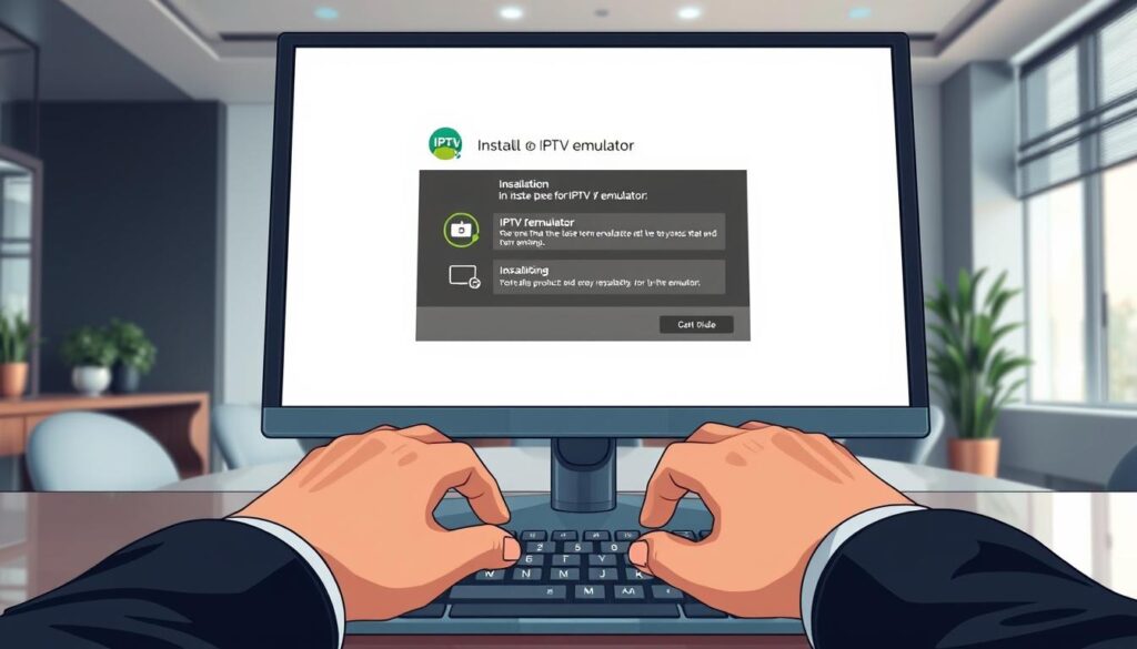 A modern workspace featuring a computer monitor displaying the installation screen for an Android emulator, specifically designed for the IPTV Extreme application. In the foreground, there are hands of a person in business attire using a keyboard, while the middle layer displays the detailed interface of the emulator with progress indicators and installation tabs visible. The background features a sleek, minimalist office environment with soft, natural light coming from a nearby window, creating a professional ambiance. The scene captures a sense of focus and productivity, ideal for guiding users through the installation process. The angle is slightly elevated, providing a clear view of both the hands and the screen.