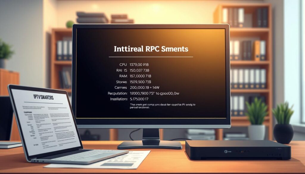 A modern workspace featuring a computer screen displaying the system requirements for IPTV Smarters, surrounded by a clean and organized desk. In the foreground, a sleek laptop with a detailed technical specification sheet beside it. In the middle ground, a monitor clearly showcasing system requirements such as CPU, RAM, and storage space needed for optimal performance, illuminated by soft, focused office lighting. The background features a blurred bookshelf with tech-related books, enhancing the professional atmosphere. The overall mood is informative and contemporary, with a slight warm tone to evoke a sense of comfort and productivity. The angle captures both the desk and the monitor, providing a clear view of the technical details necessary for installation.