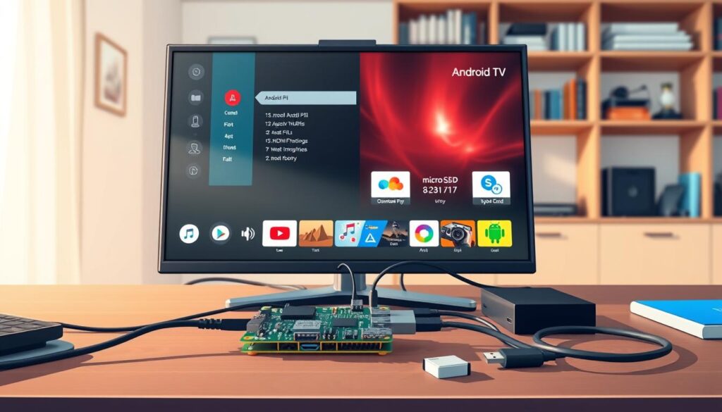 A modern workspace featuring an Android TV setup tied to a Raspberry Pi, with a focus on file preparation. In the foreground, a sleek desktop with a monitor displaying an Android TV interface, showcasing icons for downloaded files and apps. In the middle ground, a Raspberry Pi connected to the monitor through HDMI, surrounded by cables and accessories like a microSD card and USB drive. The background includes a softly lit room with shelves holding tech books and devices, creating a warm and inviting atmosphere. The lighting is bright and focused on the workspace, enhancing the details of the tech setup. The mood is productive and innovative, capturing the essence of tech preparation.