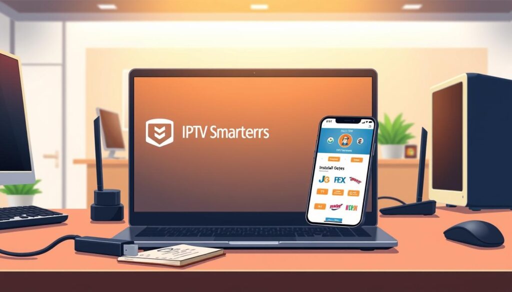 A modern workspace showcasing the installation process of IPTV Smarters on a Windows PC. In the foreground, a sleek laptop with the IPTV Smarters interface displayed on the screen. The laptop is surrounded by tools like a USB drive, a notepad with installation steps, and a smartphone showing the IPTV app. In the middle ground, there are tech gadgets like a keyboard, a mouse, and a router, symbolizing connectivity. The background features a clean office environment with a soft gradient light, suggesting a productive atmosphere. The lighting is warm and inviting, with a slight focus on the laptop screen to highlight the software interface. The overall mood conveys efficiency and simplicity, perfect for a tech-savvy audience eager to learn about installation methods.