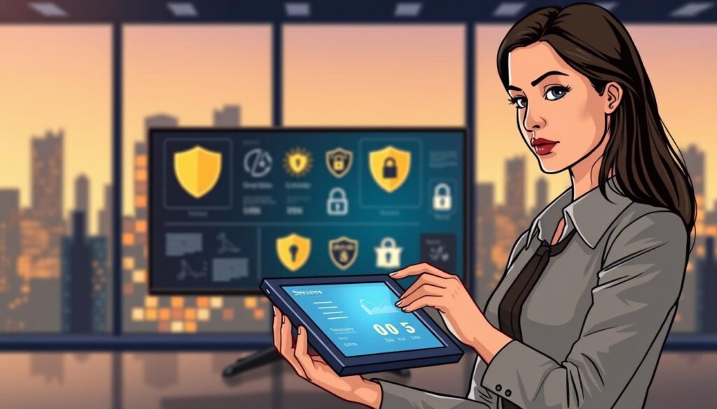 A professional depiction illustrating "legal and security issues in IPTV services." In the foreground, a confident businesswoman in professional attire is engaged in a discussion over a digital tablet displaying streaming options. The middle ground features a large monitor showing a visual representation of legal documents and cybersecurity elements like shields and locks, symbolizing security. In the background, blurred silhouettes of office buildings and a digital skyline add depth, reflecting a modern, tech-driven world. Soft, focused lighting highlights the woman's expression, giving a sense of urgency and importance to the topic. The mood should be serious and professional, capturing the essence of legal considerations in digital streaming.