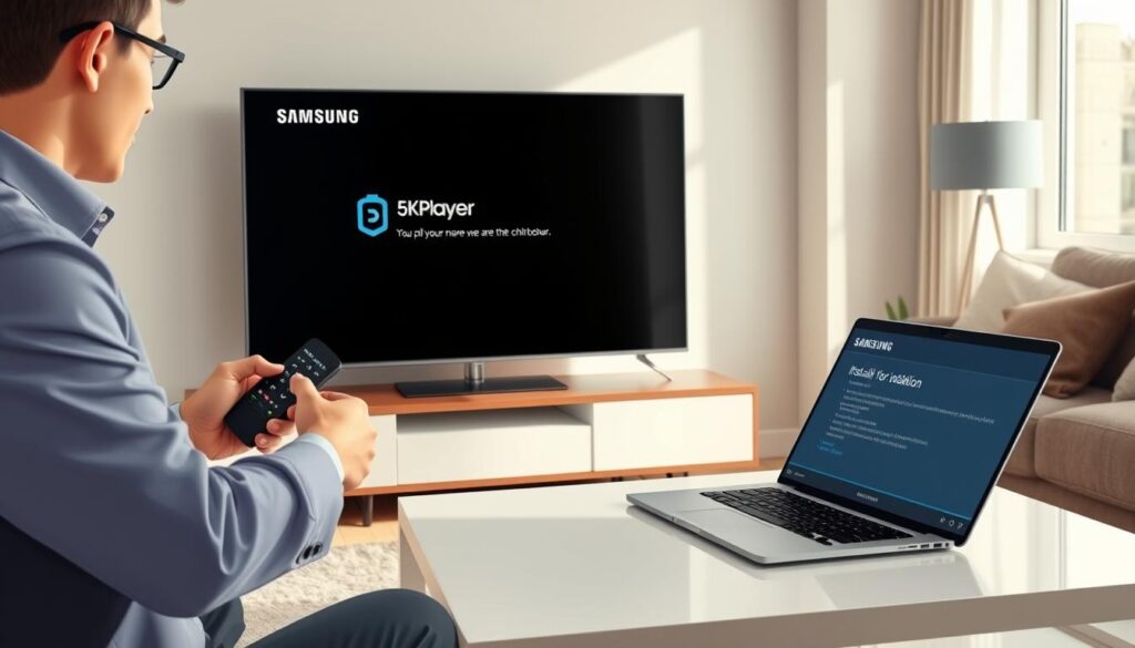 A professional-looking home setting featuring a sleek Samsung smart TV displaying the 5KPlayer installation interface. In the foreground, a person dressed in smart casual attire, focused and engaged, is using a remote control to navigate the setup process. In the middle, a clean, modern coffee table with a laptop open next to the TV, showing instructions for installation. The background showcases a cozy living room with soft lighting, highlighting the warm atmosphere of the space. The image composition is framed from a slightly angled perspective, emphasizing the user’s interaction with the technology. Natural light filters in through a window, creating a bright, inviting mood that encourages a sense of practicality and ease in the installation process.