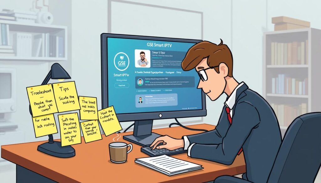 A professional, well-organized workspace featuring a modern desktop computer displaying the GSE Smart IPTV interface on the screen. In the foreground, a person in smart business attire is intently troubleshooting issues on the computer, with a focused expression. The middle ground has sticky notes with tips and troubleshooting steps pinned nearby, alongside a notepad and a cup of coffee, creating a supportive atmosphere for problem-solving. The background consists of a softly lit room, with a bookshelf filled with tech-related books and a gentle glow from a desk lamp, suggesting a calm workspace. The scene conveys a mood of productivity and technical support, suitable for addressing IPTV setup challenges.