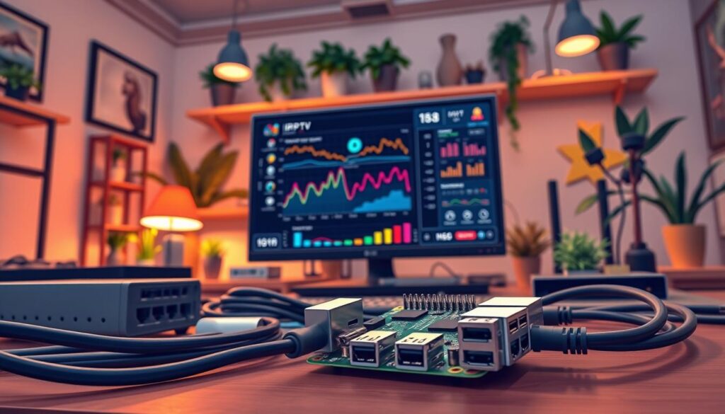 A professional workspace focused on optimizing IPTV functionality, featuring a sleek Raspberry Pi setup. In the foreground, a Raspberry Pi connected to multiple HDMI cables, surrounded by various network tools like switches and routers. The middle ground displays a monitor with vibrant graphs illustrating performance metrics and statistical data, showcasing improved streaming quality. The background features a cozy, modern office environment with warm lighting, soft shadows, and a hint of greenery from potted plants. The scene conveys a mood of innovation and productivity, with an emphasis on technical sophistication. The angle is slightly tilted to create a dynamic perspective, enhancing the sense of activity and purpose in the workspace. No text or watermarks present.
