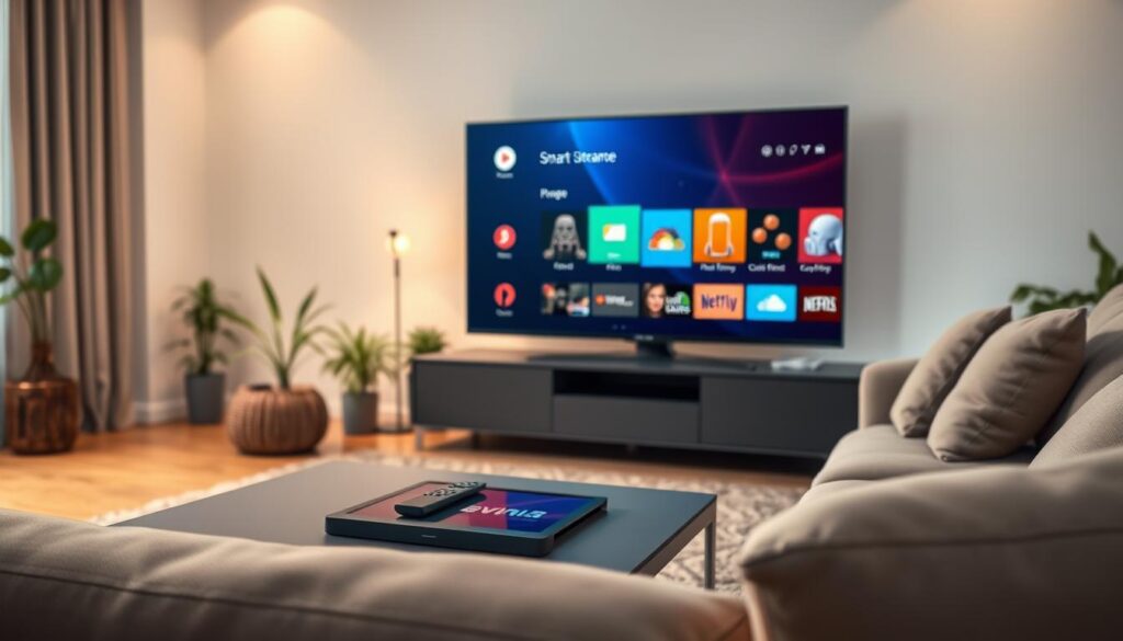 A serene home entertainment setup featuring a sleek Samsung Smart TV displaying vivid streaming interface options. In the foreground, a modern coffee table with a tablet and a remote control sits invitingly, while a plush couch with neutral-colored cushions invites relaxation. In the middle, the TV is optimized, showing various streaming icons with a subtle glow. The background includes soft ambient lighting illuminating the room, enhancing a cozy atmosphere. A few potted plants add a touch of greenery, complementing the overall aesthetic. The scene is viewed at a slightly elevated angle to capture depth, creating an inviting and tech-savvy environment perfect for a premium streaming experience.