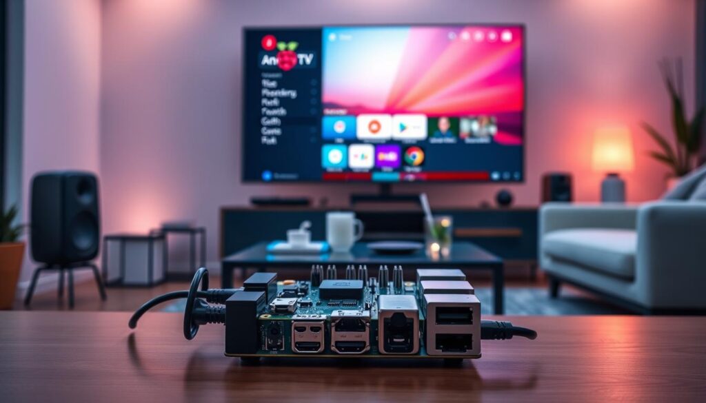 A sleek Raspberry Pi setup displayed in a modern living room, showcasing the Android TV interface on a large flat-screen TV. In the foreground, a Raspberry Pi device with neatly arranged cables and a power supply, highlighting its compact size. The middle ground features a stylish coffee table with remote controls, a smart speaker, and a drink, evoking a cozy entertainment space. In the background, soft LED lighting enhances the room's ambiance, complementing the TV's vibrant colors. The scene is shot with a wide-angle lens to capture the entire setup, creating a warm, inviting atmosphere perfect for tech enthusiasts. A subtle depth of field focuses on the Raspberry Pi while softly blurring the background elements.