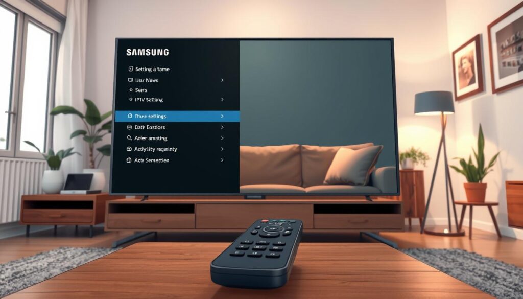 A sleek Samsung Smart TV displayed in a well-lit modern living room. The TV screen shows the settings menu with clear, user-friendly options, symbolizing preparation for IPTV Smarters installation. In the foreground, there is a stylish remote control on a wooden coffee table, emphasizing a cozy and inviting atmosphere. In the middle, a plush sofa is positioned comfortably, with a contemporary floor lamp casting warm light, enhancing the homey feel. The background features a simple decor with plants and framed art on the walls, all harmonizing to create a relaxed yet tech-savvy ambiance. The overall mood is informative and engaging, suitable for guiding users through the preparation steps.
