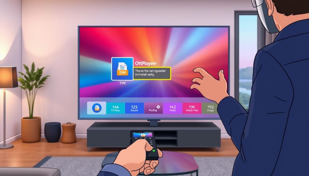 A sleek Samsung Smart TV displaying a vibrant interface for installing OttPlayer, with the focus on a highlighted 'TPK file' icon. In the foreground, a person in smart casual attire intently interacting with the TV, fingers poised over the remote control, showcasing a sense of engagement. The middle ground features the TV's elegant stand and a cozy living room setting, complete with a minimalist coffee table and subtle decorative elements. In the background, soft ambient lighting enhances the room's warmth, while a window reveals a tranquil outdoor view, adding a relaxing atmosphere. The scene is captured from a slightly elevated angle to provide clarity on both the TV interface and the person’s actions.