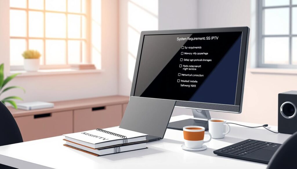 A sleek and modern workspace displaying a computer setup featuring a Windows PC on a clean desk. The foreground showcases the computer screen displaying a well-organized checklist of system requirements for installing SS IPTV, highlighted with icons representing memory, storage, and network connection. In the middle ground, a stylish laptop is positioned next to a few technical books about software installation, and a cup of coffee rests beside them. The background reveals a softly lit room with natural light streaming through a window, creating a welcoming and focused atmosphere. The overall mood is professional and informative, aimed to convey a sense of preparedness for technical tasks.