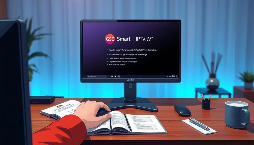 A sleek and modern workspace featuring a Windows PC on a polished wooden desk, displaying the GSE Smart IPTV installation interface on the monitor. In the foreground, a pair of hands, attired in smart casual clothing, are interacting with the computer mouse, showcasing a step-by-step installation process. On the desk, subtle details like an open installation guide, a notepad, and a coffee mug add to the scene. The background is softly blurred, hinting at a vibrant tech-themed room with dimmed ambient lighting. The atmosphere feels professional yet inviting, emphasizing clarity and organization in the installation process. Shot from a slightly elevated angle to capture both the monitor and the workspace, the image invites viewers into the experience of setting up GSE Smart IPTV.