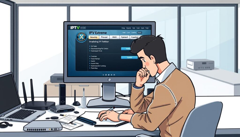 A sleek and modern workspace featuring a desktop computer displaying the IPTV Extreme application interface, showcasing its installation process. In the foreground, a focused individual dressed in smart casual attire is troubleshooting the software, surrounded by helpful tools like a notepad, a laptop, and user manuals. The middle of the image includes various tech gadgets such as routers, cables, and a smartphone, illustrating common IPTV setup elements. The background features a tidy office environment with soft lighting, reflecting a calm and organized atmosphere. The scene is captured from a slightly elevated angle to provide depth, emphasizing the problem-solving aspect of technology installations. The overall mood conveys professionalism and determination, suitable for addressing installation challenges.