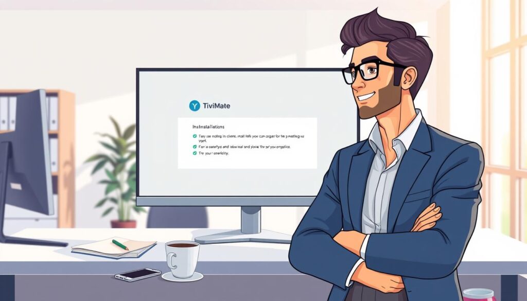 A sleek and modern workspace featuring a large desktop computer displaying the TiviMate installation interface. In the foreground, a confident professional in smart casual attire is focused on the screen, showcasing the installation options for TiviMate on Windows/PC. The middle ground includes a well-organized desk with a notepad, a cup of coffee, and a smartphone, suggesting a productive atmosphere. The background features a softly lit office with a window letting in natural light, casting gentle shadows. The overall mood is optimistic and inviting, emphasizing clarity in the installation process. Capture the scene with a wide-angle lens to give a spacious feel, while maintaining a bright and welcoming color palette.