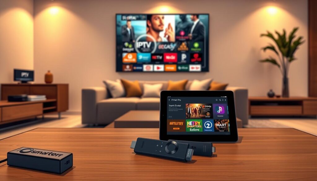 A sleek living room environment showcasing a modern television with a close-up of an Amazon Fire Stick plugged in. The foreground features an inviting coffee table with multiple remote controls and a tablet displaying the user interface of IPTV Smarters Pro and Smart IPTV applications, emphasizing their features. In the middle ground, a stylish sofa with cushions adds a cozy touch, and on the wall behind, a large wall-mounted screen shows a split screen of various IPTV apps. Soft, warm ambient lighting creates a welcoming atmosphere, with a focus on clean lines and a minimalist aesthetic. The camera angle is slightly elevated, capturing the scene from an angle that highlights both the technology in use and the comfortable setting.
