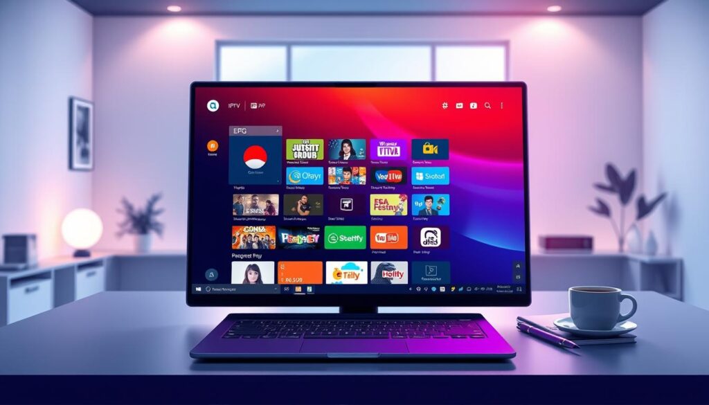 A sleek, modern desktop interface showcasing the IPTV Smarters Pro application on a Windows PC. In the foreground, a high-resolution screen displays the EPG (Electronic Program Guide) section, featuring vibrant channel icons and program details. The middle ground includes a stylish laptop and an organized workspace with a notebook and a cup of coffee, reflecting a professional atmosphere. The background consists of a bright, tech-inspired room with subtle ambient lighting emanating from a nearby window, creating a contrast that highlights the screen’s vivid colors. The atmosphere is motivated, emphasizing productivity and technological sophistication, with soft shadows and a clean, minimalistic design to enhance focus on the IPTV application interface.