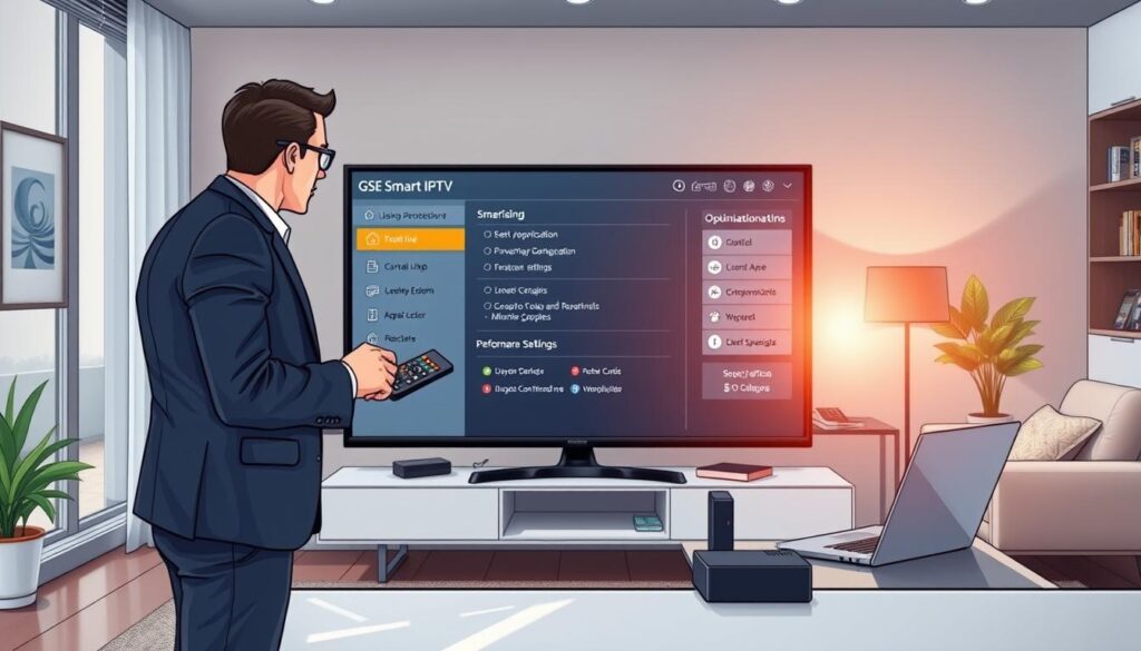 A sleek, modern home office setting featuring a Samsung smart TV displaying the GSE Smart IPTV interface, emphasizing user-friendly optimization tools and performance settings. In the foreground, a user, dressed in professional business attire, is intently focused on navigating the interface with a remote control. The middle ground includes a stylish desk cluttered with tech gadgets and a laptop, showcasing a hands-on approach to optimizing the IPTV experience. The background highlights a contemporary living space with soft, warm lighting, creating a cozy yet tech-savvy atmosphere. A subtle lens flare adds vibrancy to the scene, suggesting innovation and efficiency in media consumption. The overall mood is professional yet accessible, inviting readers to engage with IPTV enhancements.