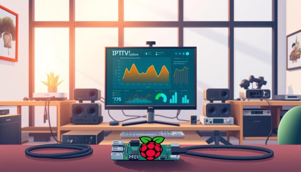 A sleek, modern home office setting with a Raspberry Pi computer prominently featured in the foreground, surrounded by various network equipment like routers and cables. In the middle, a large monitor displays vibrant graphs and data analytics related to IPTV optimization, showcasing bandwidth usage and streaming quality. The background features a well-organized workspace with smart home devices and cable management, suggesting an optimized network environment. Soft, natural lighting streams through a window, highlighting the high-tech aspect of the office. The atmosphere is focused and productive, exuding a sense of efficiency and technological sophistication.