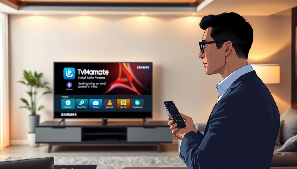 A sleek modern living room featuring a Samsung Smart TV prominently displaying the TiviMate installation interface. In the foreground, a tech-savvy individual wearing professional business attire is focused on the TV screen, holding a remote control. In the middle, the Samsung TV shows a vibrant, user-friendly layout of the TiviMate installation process, with appealing icons and interface elements easily visible. The background is softly illuminated, revealing a stylish, minimalist decor with a comfortable sofa and ambient lighting, creating a warm and inviting atmosphere. The scene is captured from a slight angle, emphasizing the interaction between the person and the TV, with natural light streaming through a nearby window, enhancing the inviting feel of the room.