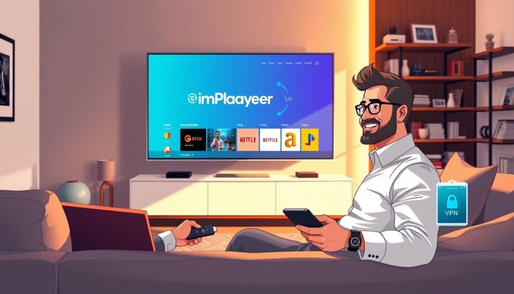 A sleek, modern living room featuring a large flat-screen TV displaying the ImPlayer interface with a vibrant color scheme. In the foreground, a confident professional in smart casual attire is sitting on a stylish couch, holding a Firestick remote, with a look of satisfaction as they stream content. Soft lighting creates a warm and inviting atmosphere, with light reflecting off the walls and furniture. In the middle ground, a VPN interface is subtly visible on a tablet beside the couch, illustrating the importance of security while streaming. The background showcases a contemporary bookshelf filled with various tech gadgets and decor, conveying a tech-savvy lifestyle. The overall mood is focused on the enhancements that VPN technology brings to entertainment security, inviting trust and engagement.