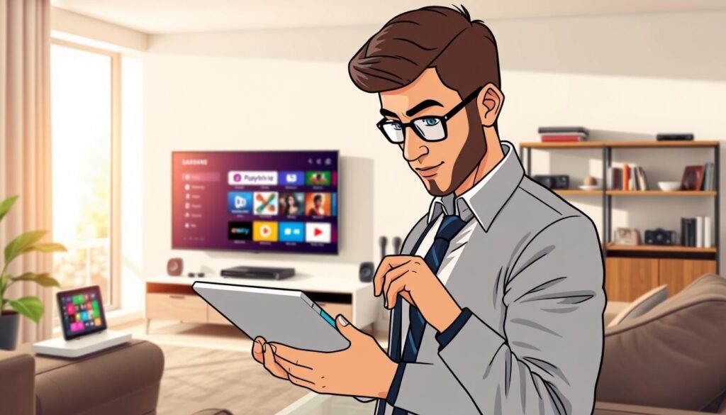 A sleek, modern living room featuring various devices displaying the Perfect Player IPTV interface on different screens, such as a Samsung smart TV, a tablet, and a smartphone. In the foreground, a well-dressed professional tech enthusiast is interacting with the tablet, with a focused expression. The midground showcases the smart TV mounted on the wall, exhibiting a colorful IPTV menu. In the background, there's a stylish shelf filled with tech gadgets and books. Soft, natural lighting streams through a window, creating a warm and inviting atmosphere. The scene is captured from a slightly elevated angle to emphasize the array of devices and the person engaging with them, highlighting the integration and versatility of Perfect Player IPTV on various platforms.