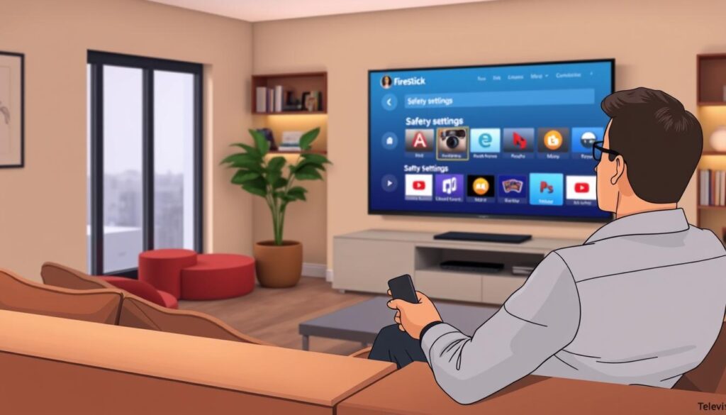 A sleek, modern living room setting featuring a Televizo Firestick prominently displayed on a flat-screen television. In the foreground, an adult in professional attire is seated on a comfortable sofa, holding a remote control, and looking at the screen with a focused expression. The middle ground showcases the TV displaying the Firestick interface with various app icons visible, emphasizing safety settings options. In the background, soft ambient lighting creates a cozy atmosphere, complemented by stylish decor such as bookshelves and a coffee table. The overall mood is informative and inviting, promoting a sense of comfort while illustrating the importance of security settings on the device. The camera angle is slightly elevated, capturing both the foreground and the TV clearly, while ensuring a balanced composition.