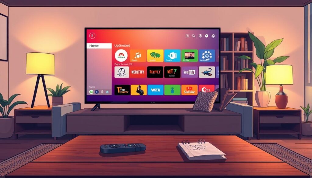 A sleek, modern living room setup featuring a large flat-screen TV displaying an optimized home screen interface. In the foreground, a stylish coffee table is adorned with a remote and a notepad with tips for customization. In the middle, a cozy couch with decorative cushions provides a welcoming vibe. The background showcases a tasteful bookshelf and houseplants that enhance the atmosphere. Soft, warm lighting creates a comfortable environment, while a slight focus on the screen highlights its vibrant interface and organized layout. The mood is inviting and tech-savvy, emphasizing the enjoyment and ease of optimizing home entertainment experiences.