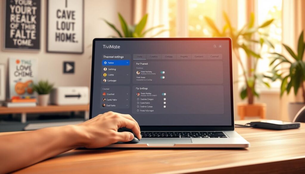 A sleek, modern scene showcasing a computer screen displaying the TiviMate settings interface with an intuitive layout for channel management. In the foreground, a stylish laptop rests on a wooden desk, with a hand of a professional user navigating the settings using a mouse. The middle ground highlights the vivid, user-friendly interface of TiviMate, featuring channel icons and settings options well organized on the screen. The background is softly blurred, depicting a cozy home office environment with motivational posters and lush greenery. Warm, natural lighting filters through a nearby window, creating an inviting and productive atmosphere. The camera angle is slightly elevated to provide a focused view of the screen while maintaining the desk’s aesthetic.