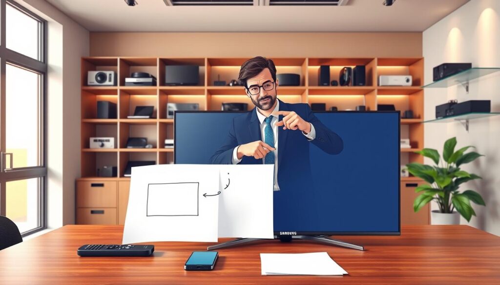 A sleek modern workspace with a large Samsung Smart TV prominently displayed on a polished wooden desk. The foreground features a neatly arranged setup of tech items: a remote control, a smartphone, and a child’s drawing of a TV setup, suggesting user-friendly installation. In the middle, a person in smart business attire is examining the TV, with a focused expression, pointing at the screen as if explaining its features. The background showcases neatly organized shelves filled with tech gadgets and a soft, ambient lighting that creates a warm, professional atmosphere. A large window allows natural light to flood the room. The mood is inviting and informative, conveying a sense of preparation and excitement for the installation process.