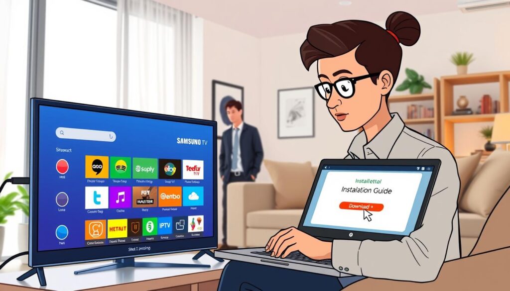 A step-by-step installation process for a Windows IPTV Player on a Samsung Smart TV, set in a well-lit, modern living room. In the foreground, a Samsung Smart TV prominently displays the IPTV interface with various colorful streaming app icons. A laptop, open and connected to the TV via HDMI, shows the installation guide on its screen, with the cursor hovering over a 'Download' button. In the middle ground, a professional-looking individual, dressed in smart casual attire, is intently focused on setting up the equipment, with a look of concentration. The background features soft, ambient lighting, a cozy couch, and decorative elements like houseplants and bookshelves, creating a calm and inviting atmosphere that emphasizes a user-friendly technology experience.