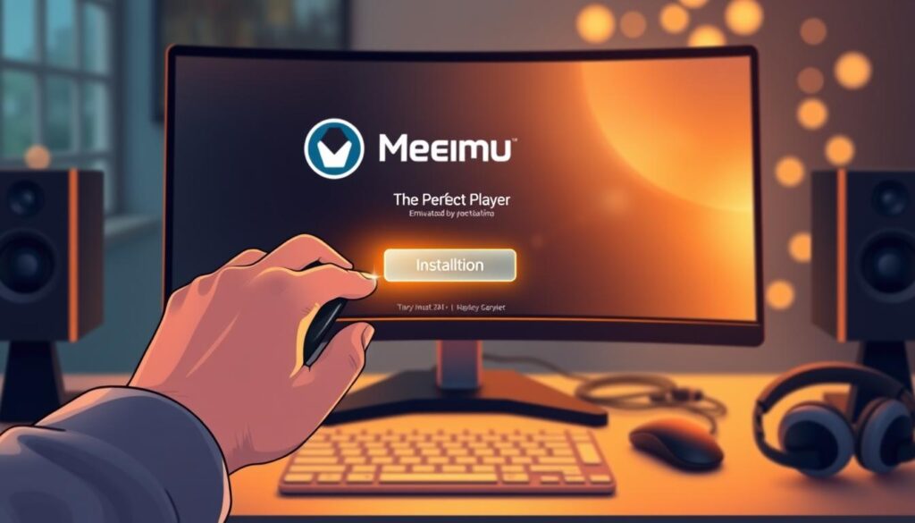 A step-by-step installation scene of the Perfect Player application on a Windows PC, featuring a modern computer setup with a widescreen monitor displaying the MEmu emulator interface and the Perfect Player logo. The foreground showcases a pair of hands using a mouse to click on the installation button, highlighted with a glowing effect to emphasize action. In the middle, a well-lit workspace with a sleek keyboard and a few tech gadgets like a smartphone and headphones can be seen, creating a tech-savvy atmosphere. The background includes soft bokeh lights that suggest a focused, productive mood. The lighting is warm and inviting, creating a professional ambiance, captured with a shallow depth of field to keep the focus on the installation process.