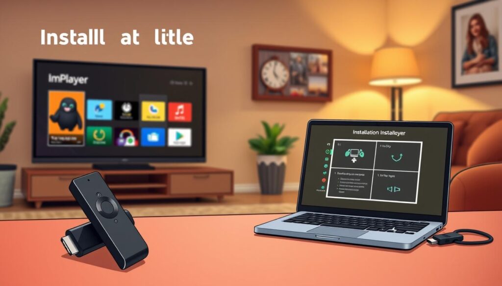 A visually detailed step-by-step guide illustrating the installation process of ImPlayer on a Firestick. In the foreground, showcase a sleek Firestick device alongside a modern television displaying the ImPlayer interface. In the middle ground, depict a well-organized workspace with tools like a remote control, HDMI cable, and a laptop illustrating installation steps on its screen. The background should feature a cozy living room setting with soft lighting, emphasizing a relaxed atmosphere. Use a warm color palette to convey comfort and technology. Capture the scene from a slightly elevated angle to provide a comprehensive view, focusing on clarity and professionalism, without any text or additional distractions.
