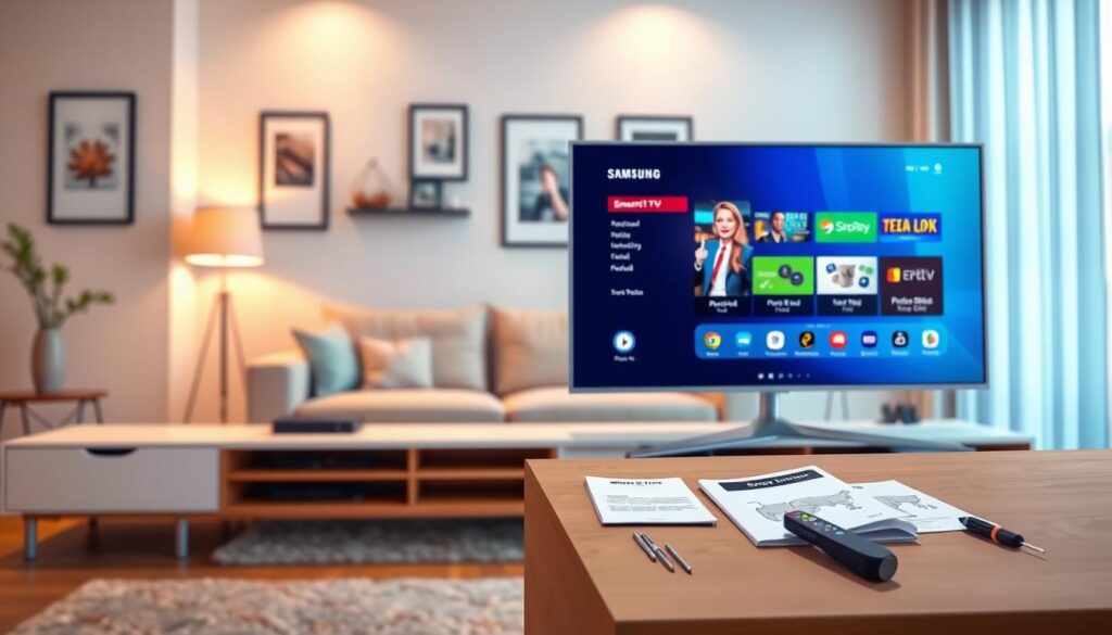 A visually engaging scene depicting step-by-step installation instructions for a Samsung smart TV. In the foreground, a sleek Samsung smart TV sits on a modern, minimalist TV stand, showing a vibrant interface with the Smart IPTV app. In the middle ground, clear visual elements such as an instruction manual and tools like a screwdriver and remote control are arranged neatly. The background features a cozy living room setting with warm and soft lighting, highlighting a comfortable sofa and decorative items on the walls. The atmosphere is inviting and professional, emphasizing clarity and ease of understanding. The image should maintain a sharp focus, capturing the details in high resolution without any text or distractions.