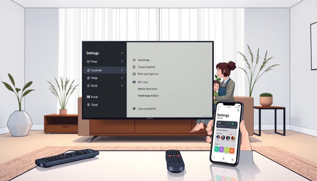 A well-lit modern living room with a Samsung Smart TV displaying the Flix IPTV settings interface. In the foreground, a sleek coffee table holds a remote control and a smartphone showing the Flix app. The middle ground features a stylish couch with a family casually dressed in modest clothing, discussing customization options for their IPTV experience. The background showcases a clean, minimalist aesthetic with subtle decorative plants and soft lighting filtering through sheer curtains, creating a warm and inviting atmosphere. The perspective is slightly elevated, emphasizing the interactive nature of the settings while maintaining a harmonious balance between tech and home comfort. The overall mood is enthusiastic and informative, illustrating the customization potential of Flix IPTV.