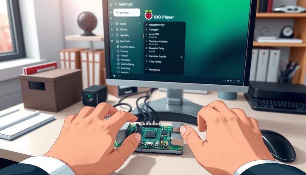 A well-organized workspace featuring a Raspberry Pi setup in focus, with an IBO Player interface displayed on a monitor. The foreground shows a pair of hands, dressed in professional business attire, skillfully navigating the settings on the screen. The middle layer includes a Raspberry Pi with connecting cables, an HDMI monitor, and a keyboard, all on a clean desk with subtle organizational tools. In the background, a soft-focused bookshelf adds depth, with tech manuals and gadgets hinting at a tech-savvy atmosphere. The lighting is bright yet soft, coming from a nearby window, creating an engaging and professional mood perfect for exploring device settings and additional features. The angle is slightly above, emphasizing the interaction with the interface.