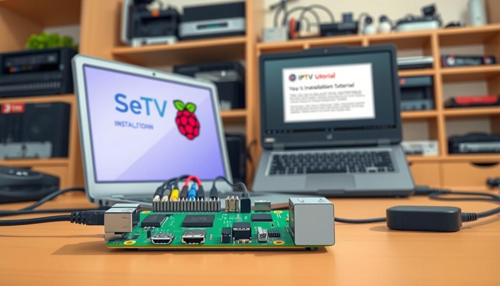 An assembled Raspberry Pi desktop setup, prominently displaying a Raspberry Pi board connected to a TV screen, showcasing the Set IPTV interface. In the foreground, a close-up of the Raspberry Pi with colorful cables and a wireless adapter, emphasizing the technical aspects of an IPTV installation. The middle ground features a laptop open with a tutorial in progress, casting a soft glow from the screen onto the surrounding workspace. The background includes shelves filled with electronics and tech gadgets, creating a modern, tech-savvy atmosphere. The lighting is bright and clear, mimicking a daylight setting, with a slight focus effect to draw attention to the installation process. The overall mood is informative and engaging, inviting viewers into the world of IPTV technology.