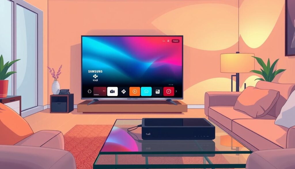 An illustration depicting the step-by-step installation methods of Kodi on a Samsung smart TV. In the foreground, a sleek Samsung smart TV displays the Kodi interface, vibrant colors and smooth design evoking a modern tech atmosphere. The middle ground features a clear, visually appealing sequence of icons representing installation steps, maintaining a logical flow. The background includes a cozy living room setting with warm lighting, soft furnishings, and a subtle reflection of the TV on a glass table. Use a wide-angle lens effect to capture the entire scene, ensuring clarity and depth. The mood is informative yet inviting, making the tech process approachable for all viewers.
