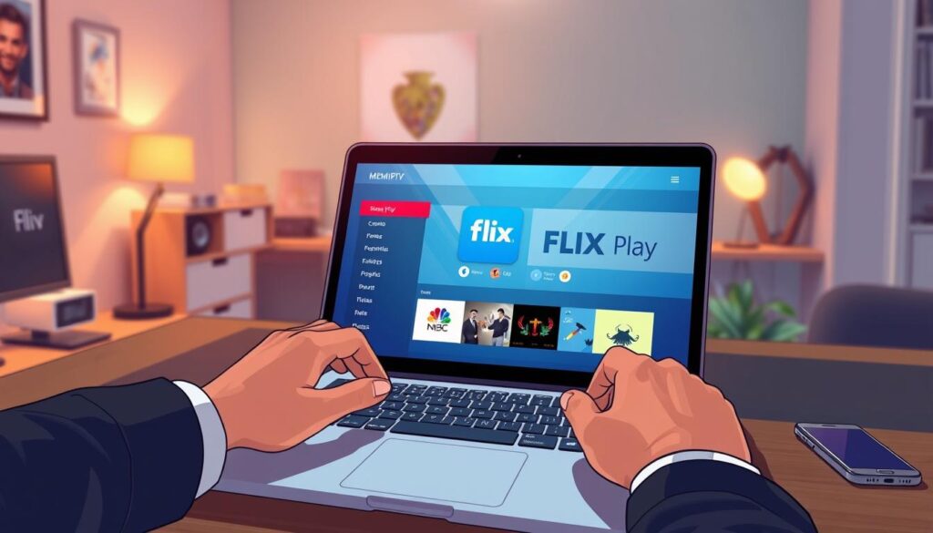 An intricate digital illustration focused on the installation of Flix IPTV using the MEmu Play emulator on a Windows computer. In the foreground, display a sleek, modern laptop with a vivid screen showing the MEmu Play interface, and the Flix IPTV app icon prominently featured. Include a pair of professional hands manipulating the laptop, dressed in smart casual attire. The middle ground should show an organized workspace, with a few tech gadgets like headphones and a smartphone. The background features a softly lit home office environment, giving a cozy but tech-savvy atmosphere. The lighting is warm and inviting, with highlights reflecting off the laptop's screen. The angle is slightly tilted to emphasize the installation process, ensuring clarity and engagement in the scene.