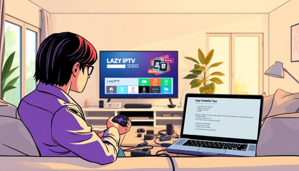A bright and cozy living room setup showcasing a modern Roku device connected to a flat-screen TV displaying the Lazy IPTV interface. In the foreground, a person in professional casual attire, focused and engaged, is holding a remote control while troubleshooting installation issues. The middle of the image features a slightly cluttered coffee table with various tech gadgets, cables, and a laptop open to a support forum with troubleshooting tips. Soft, warm lighting enhances the inviting atmosphere, with large windows in the background allowing natural light to flood in. The angle captures the ambiance of a relaxed yet focused home tech environment, reflecting the themes of problem-solving and helpful tips in a harmonious setting. A bright and cozy living room setup showcasing a modern Roku device connected to a flat-screen TV displaying the Lazy IPTV interface. In the foreground, a person in professional casual attire, focused and engaged, is holding a remote control while troubleshooting installation issues. The middle of the image features a slightly cluttered coffee table with various tech gadgets, cables, and a laptop open to a support forum with troubleshooting tips. Soft, warm lighting enhances the inviting atmosphere, with large windows in the background allowing natural light to flood in. The angle captures the ambiance of a relaxed yet focused home tech environment, reflecting the themes of problem-solving and helpful tips in a harmonious setting.