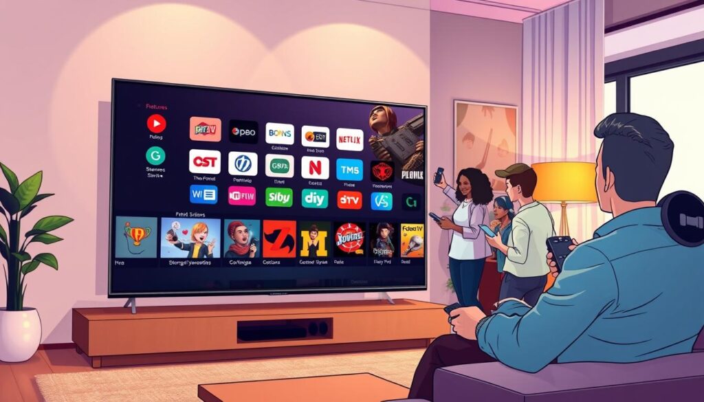 A captivating digital illustration showcasing the features and services of the Xtream9 app on a modern smart TV interface. In the foreground, a sleek smart TV displays an organized home screen filled with app icons, emphasizing features such as streaming services, user-friendly navigation, and personalized content recommendations. In the middle ground, a diverse group of individuals, dressed in smart casual clothing, enthusiastically interacting with the TV using remote controls and mobile devices. In the background, a contemporary living room setting with soft, warm lighting creates an inviting atmosphere. The composition uses a slightly elevated camera angle, providing a dynamic view of the TV and the engaged users, encapsulating the essence of modern home entertainment with a focus on the Xtream9 application's capabilities.