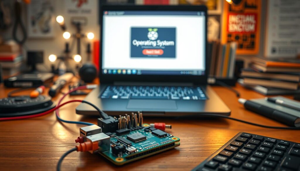 A close-up scene of a Raspberry Pi setup on a wooden workbench, showcasing the installation of an operating system. In the foreground, a Raspberry Pi board connected to a monitor, with colorful wires and a keyboard beside it. The middle layer shows a laptop displaying the installation process on the screen, illuminated by soft LED lights. The background contains a blurred workspace filled with tech tools, books about programming, and a faintly visible poster of programming languages. The image has a warm, productive atmosphere with focused lighting highlighting the Raspberry Pi and laptop, capturing the excitement of tech enthusiasts preparing for their projects. The angle is slightly top-down, emphasizing the layout and components.