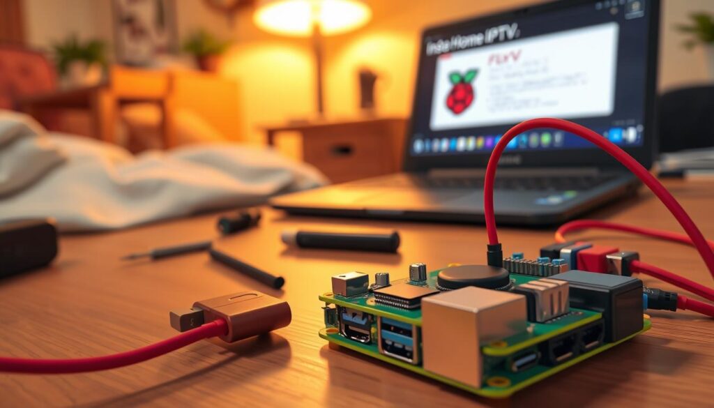 A close-up view of a Raspberry Pi set up for Flix IPTV installation, featuring a neatly arranged workspace. In the foreground, the Raspberry Pi is powered and connected with colorful wires to an HDMI port and a power bank, showcasing various ports and interfaces. In the middle ground, there are tools like a small screwdriver and USB drives, giving a sense of the installation process. The background is slightly blurred, with a soft light illuminating a laptop displaying installation instructions on the screen and a cozy home environment. The atmosphere feels technical and focused, with warm tones enhancing the sense of a welcoming tech space.