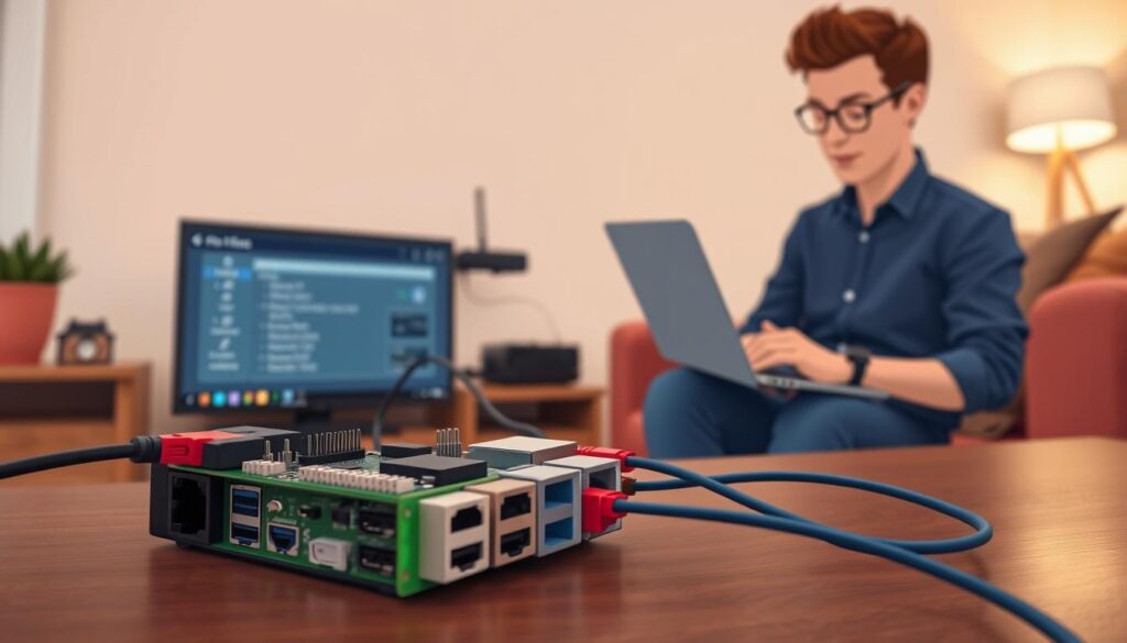 A close-up view of a Raspberry Pi setup configured for IPTV, with a sleek black Raspberry Pi board and colorful HDMI cables connecting to a modern flat-screen TV. In the foreground, a user is shown, dressed in a smart casual shirt, intently working on a laptop beside the Raspberry Pi, with a focus on the screen displaying IPTV settings. The middle area shows the Raspberry Pi connected to a network switch and Wi-Fi router, symbolizing the technical requirements for setup. The background features a cozy living room environment with soft ambient lighting, creating a warm and inviting atmosphere. The image captures the essence of preparation and technical proficiency without any text or branding elements.