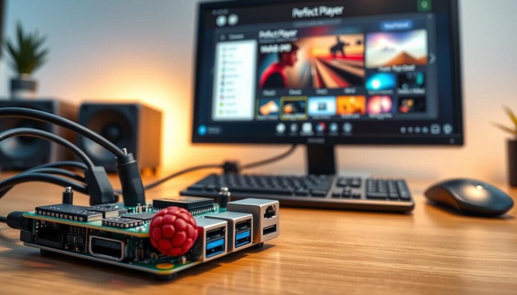 A close-up view of a Raspberry Pi setup with Perfect Player software interface displayed on a monitor. In the foreground, a Raspberry Pi board with connected HDMI and power cables, detailed components visible, such as USB ports. The middle ground features a crisp monitor showing the Perfect Player app open, with vibrant icons and a sleek interface. In the background, a modern workspace with soft ambient lighting, giving an inviting atmosphere. The setting is organized, with a sleek keyboard and mouse included in the scene to convey a professional installation space. The overall mood is focused and tech-savvy, showcasing a sense of accomplishment in setting up media playback technology. The image should be well-lit, with a slight depth of field effect for a polished look.