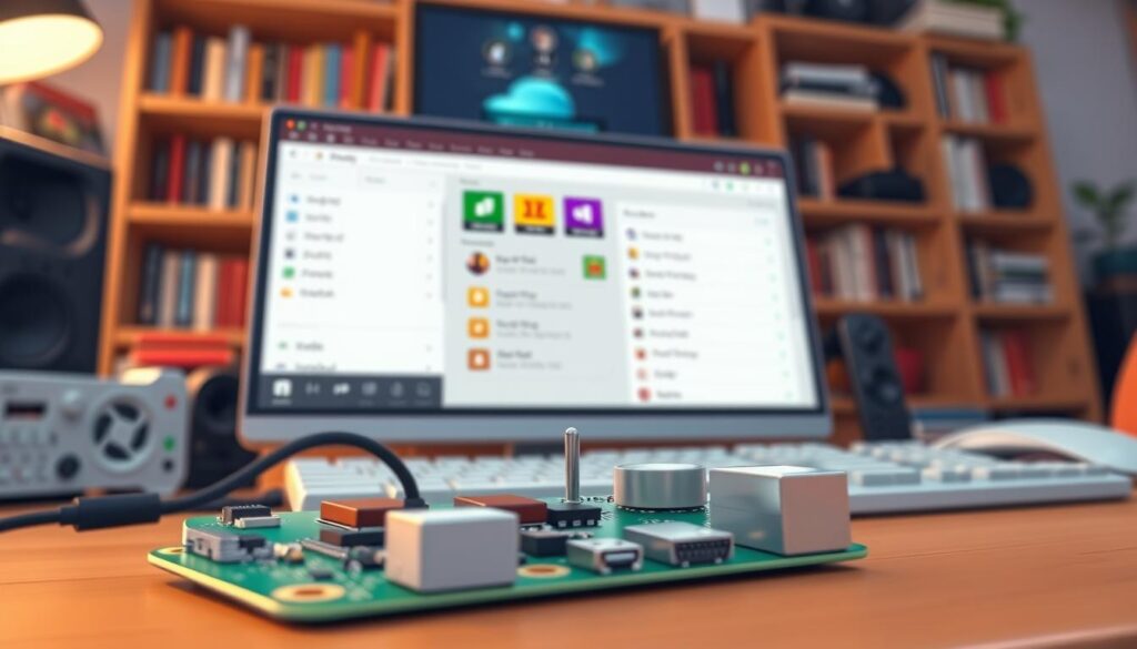 A close-up view of a Raspberry Pi setup with a Perfect Player interface on a computer screen, showcasing detailed configuration settings and playlist options. The foreground features a Raspberry Pi board connected to peripherals like a keyboard and monitor, emphasized by soft, ambient lighting. In the middle, the screen displays a vibrant, user-friendly interface of the Perfect Player application, featuring colorful icons and navigational menus. The background should consist of a cozy home office environment, with bookshelves and technology tools subtly blurred to maintain focus on the setup. The atmosphere is warm and inviting, conveying a sense of comfort and ease in configuring media settings. The shot is framed at a slight angle for depth, using a shallow depth of field to highlight the intricate details of the interface without distractions.