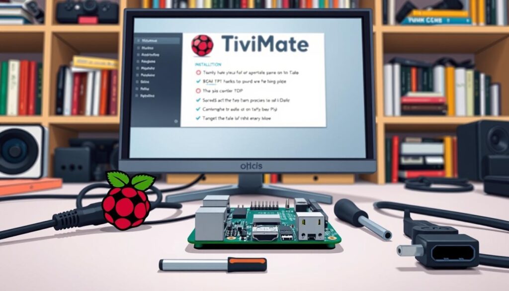 A close-up view of a Raspberry Pi setup with the TiviMate installation process on screen. The foreground features a Raspberry Pi board connected to a monitor showcasing the TiviMate interface, with visible installation options and steps. In the middle ground, a well-organized workspace includes tools like a screwdriver, microSD card, and HDMI cable, all on a clean desk surface. The background is softly blurred, depicting shelves filled with tech books and gadgets, creating an informative atmosphere. The lighting is bright and clear, enhancing the details of the components, with a slight focus on the monitor to highlight the TiviMate software installation. The mood is focused and tech-savvy, perfect for an instructional guide.