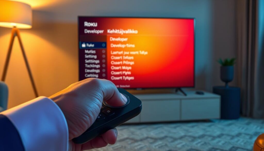 A close-up view of a Roku device displaying the "Kehittäjävalikko" (Developer Menu) on the screen, illuminated by soft, warm lighting that emphasizes the sleek design of the device. In the foreground, a hand, dressed in a professional business attire, is poised over a remote control, ready to navigate the menu, conveying a sense of interaction. In the middle ground, the TV screen shows the vibrant interface of the Developer Options, featuring various settings and configurations clearly visible. The background is a cozy living room setting, with a plush couch and ambient lighting to create an inviting atmosphere. The focus is on the Roku’s interface, highlighting the technical aspects of device preparation for Smart IPTV installation, with a professional and engaging mood.
